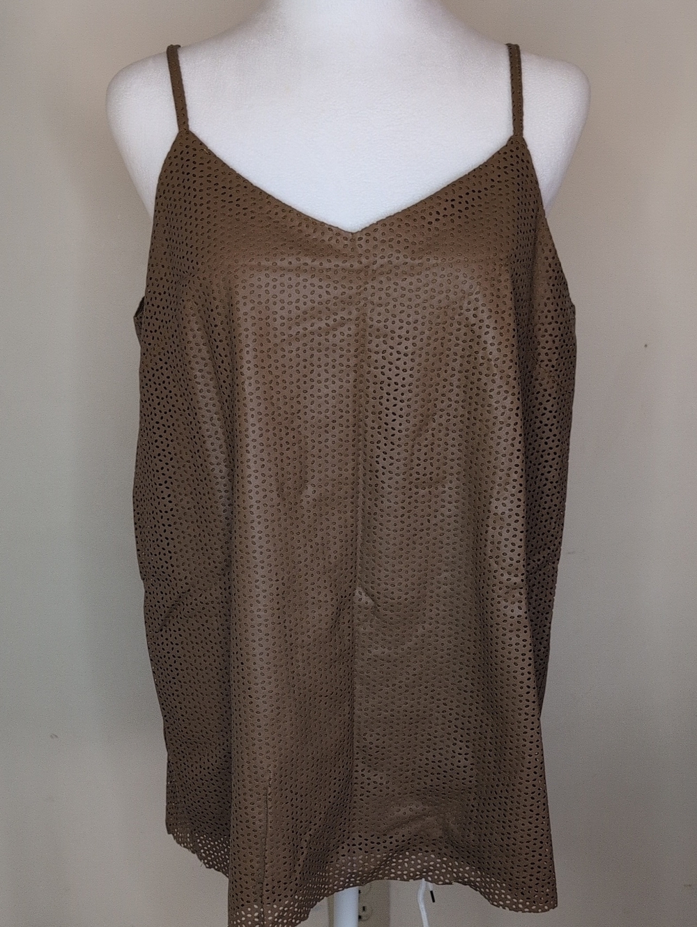 Brown Faux Leather Perforated V-Neck Spaghetti Strap Top
